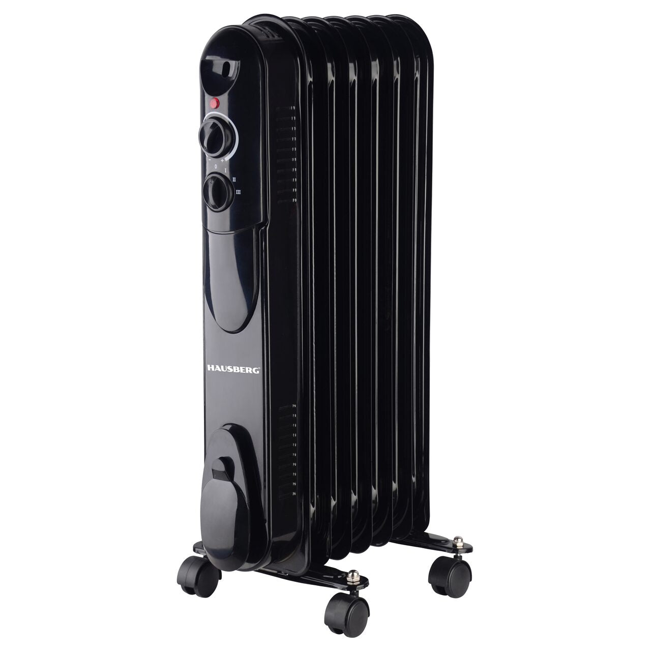 Calorifer electric cu ulei HAUSBERG HB-8905, 3 trepte, 600-900-1500 W, 7 elementi 110 mm x 580 mm, termostat reglabil, maner si rotite pentru o deplasare facila, indicator luminos functionare