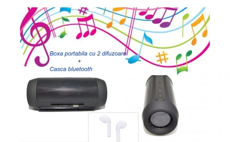 Boxa Portabila Multifunctionala 2 Difuzoare Putere Reala Casca Bluetooth Cadou