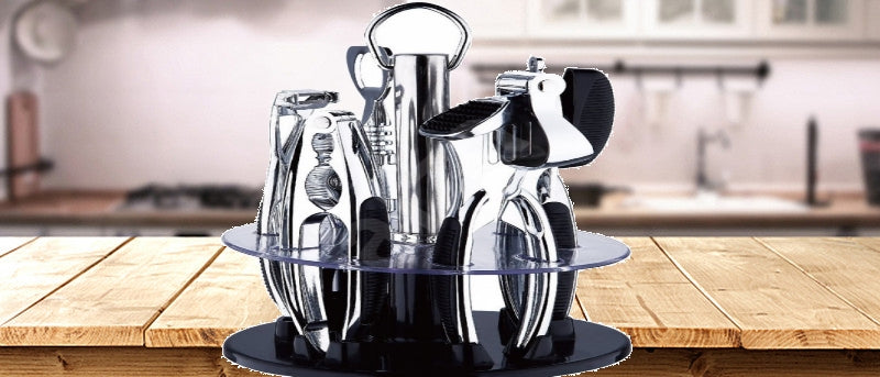 Set ustensile bucatarie inox cu stand rotativ 6 piese