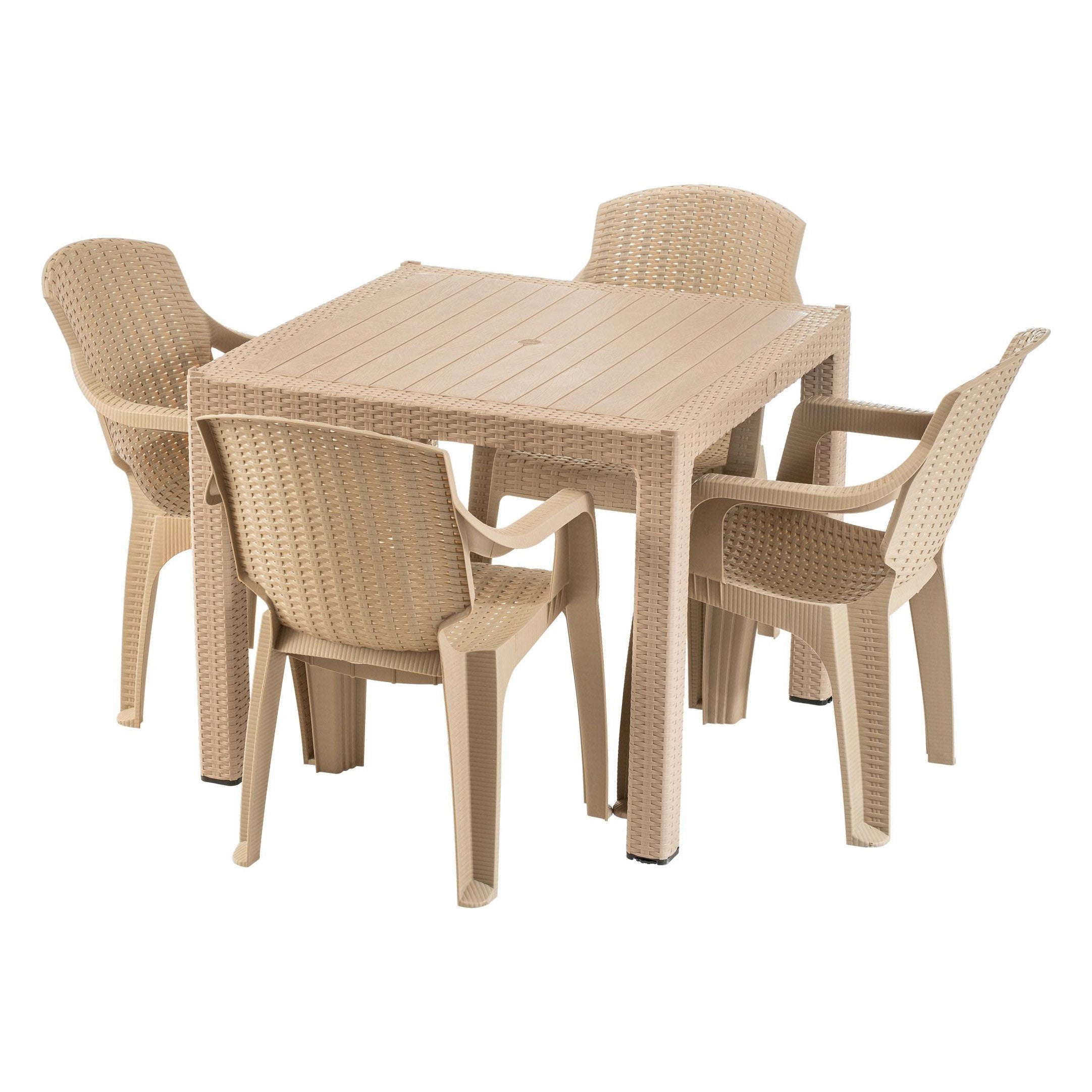 Set masa si 4 scaune din plastic, model impletit ratan, crem