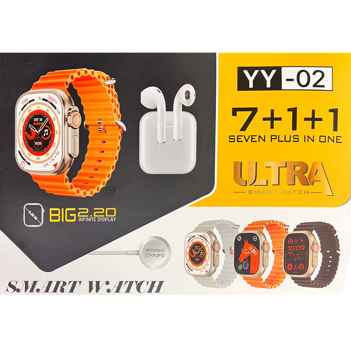 Set Cadou Smartwatch YY02, 7 Brățări, Încărcător Wireless și Căști Bluetooth