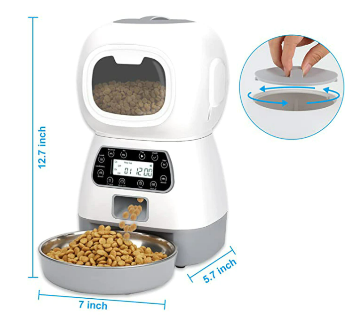 Dispenser automat hrana animalute, Inregistrare vocala, 3.5 L, Alb