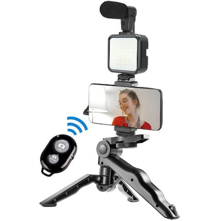 Nou! Kit complet pentru vlogging,trepied,microfon, panou LED, telecomanda si suport reglabil pentru telefon