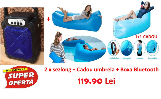 PROMOTIE IMBATABILA! 2 bucati Sezlong gonflabil xxl + Boxa Bluetooth + CADOU umbrela, TOTUL la doar 119.90 lei!
