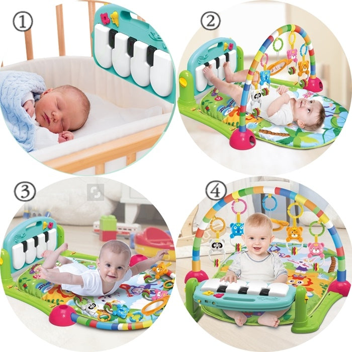 Saltea de joaca bebe Centru de activitati multifunctional 4 in 1, cu pian, jucarii zornaitoare, oglinda, lumini si sunete ISP Piano Fitness Rack