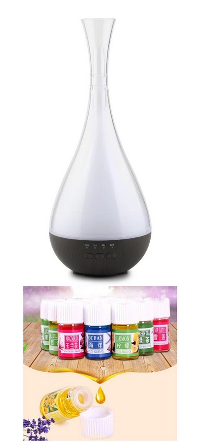 Difuzor aromaterapie si umidificator, 120 ml, joc de lumini, alimentare USB, lemn inchis, Andowl + SET 4 ULEIURI ESENTIALE PENTRU AROMATERAPIE, 4 X 10 ML