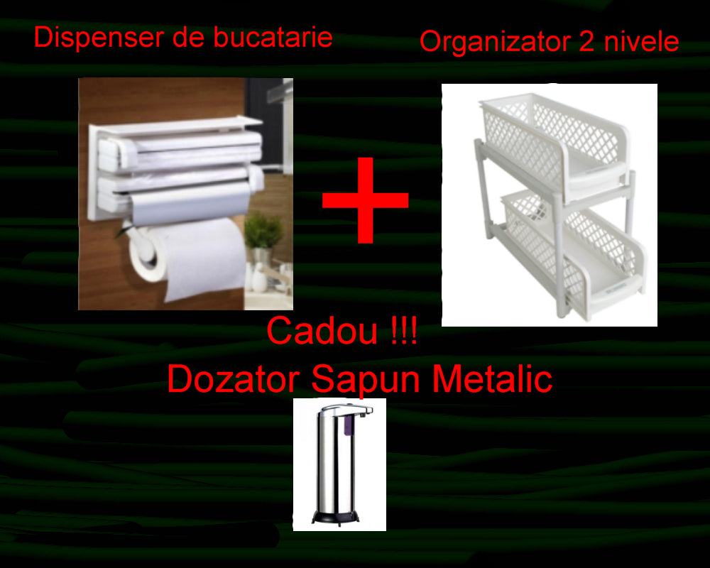 PACHET PROMOTIONAL!! Dispenser de bucatarie cu Organizator 2 nivele + Cadou!!!!! Dozator Sapun Metalic
