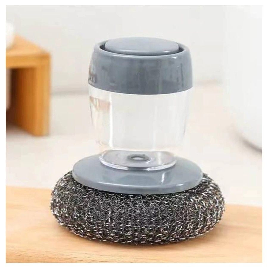 Dispozitiv cu burete din otel inoxidabil si dispenser pentru detergent vase