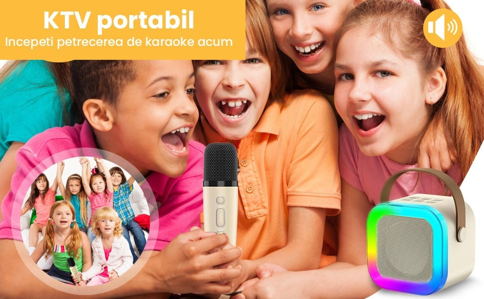 Set karaoke copii si adulti cu difuzor si microfon, wireless, portabil pentru petrecere, raza de actiune pana la 10 m, efecte de voce, player MP3, microSD card, bluetooth