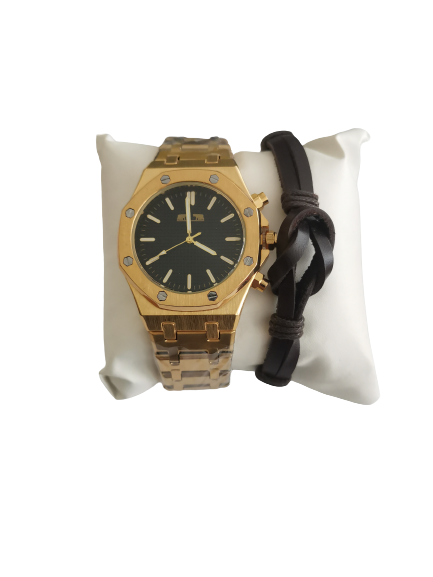 Set Ceas Barbati + Bratara Piele Matteo Ferari, GOLD
