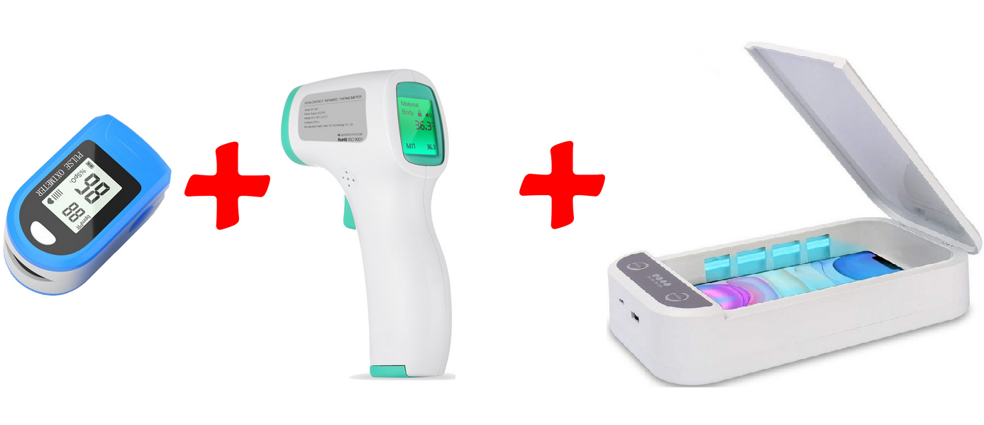 Pachet promotional Termometrul digital non-contact + Pulsoximetrul digital cu display + Sterilizator UVC 2 in 1, pentru telefon si obiecte mici , functie de incarcare USB