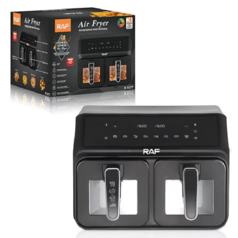 Friteuza digitala cu aer cald RAF R.5377, 2 cosuri cu geam, 9 litri, 2200 W, 9 Programe, Touch screen + CADOU CARTE DE RETETE
