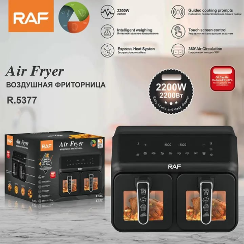 Friteuza digitala cu aer cald RAF R.5377, 2 cosuri cu geam, 9 litri, 2200 W, 9 Programe, Touch screen + CADOU CARTE DE RETETE