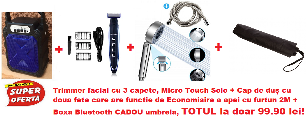 SUPER PROMOTIE! Trimmer facial cu 3 capete, Micro Touch Solo + Cap de duș cu doua fete care are functie de Economisire a apei cu furtun 2M + Boxa Bluetooth CADOU umbrela, TOTUL la doar 119.90 lei!