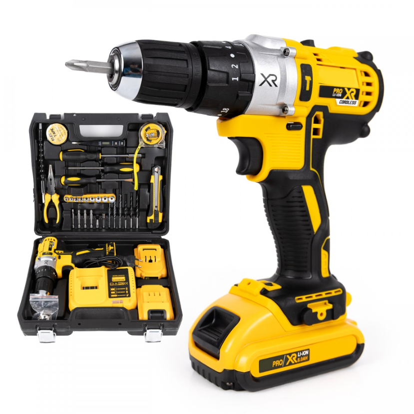 Trusa bormasina XR angrenaj metalic, 2 acumulatori, 36V, 8Ah, incarcator si 30 accesorii