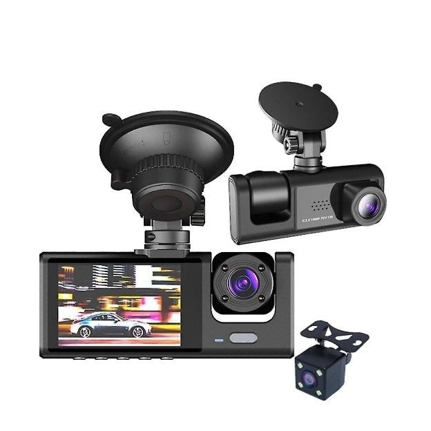 Camera DVR auto, Full HD 1080P, 3 lentile, Camp vizual ultra larg de 170°, Afisaj IPS 4", Viziune nocturna, Inregistrare duala, Inregistrare in bucla, Senzor G, Detectare miscare