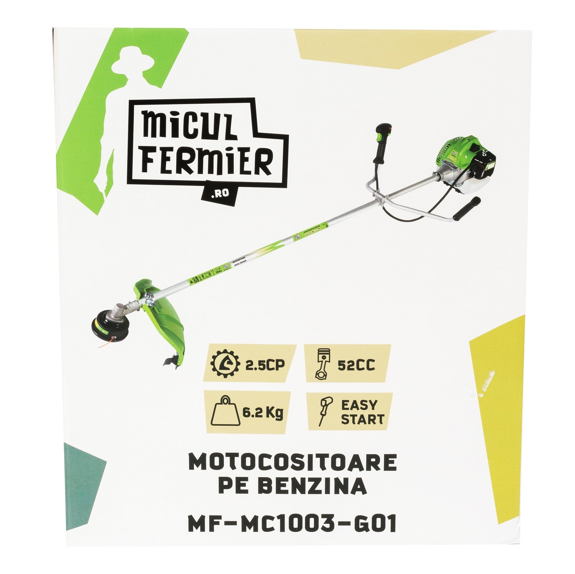 Motocoasa Micul Fermier 2.5CP, 52CC, motor benzina 2T, pornire rapida, 3 accesorii, tija 28mm