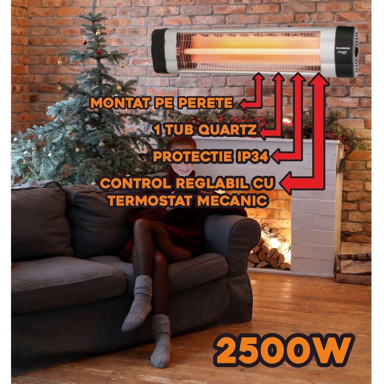 Radiator electric cu infrarosu Hausberg HB-8551, 2500W, 1 tub quartz, control reglabil cu termostat mecanic, protectie IP34