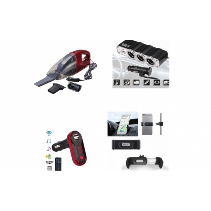 Modulator FM cu bluetooth mp3 player cu incarcator pentru diverse dispozitive incorporat + Aspirator Auto+ Priza bricheta tripla cu USB + Suport auto telefon