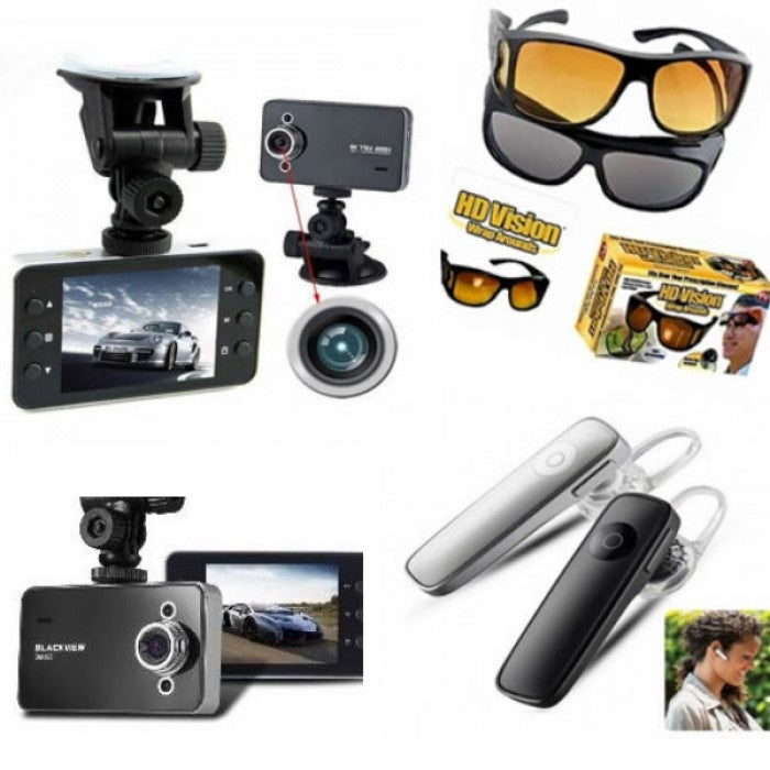 Kit auto: Camera auto FULL HD 1080 + casca cu bluetooth + 2 ochelari de condus CADOU