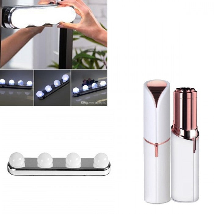 Suport luminos pentru oglinda Studio Glow, 4 becuri, Argintiu + Cadou: Epilator Facial