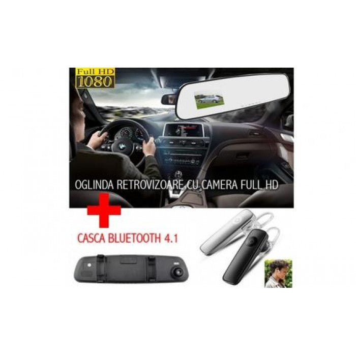 Oglinda auto cu camera de filmat FULL HD + Casca audio cu bluetooth