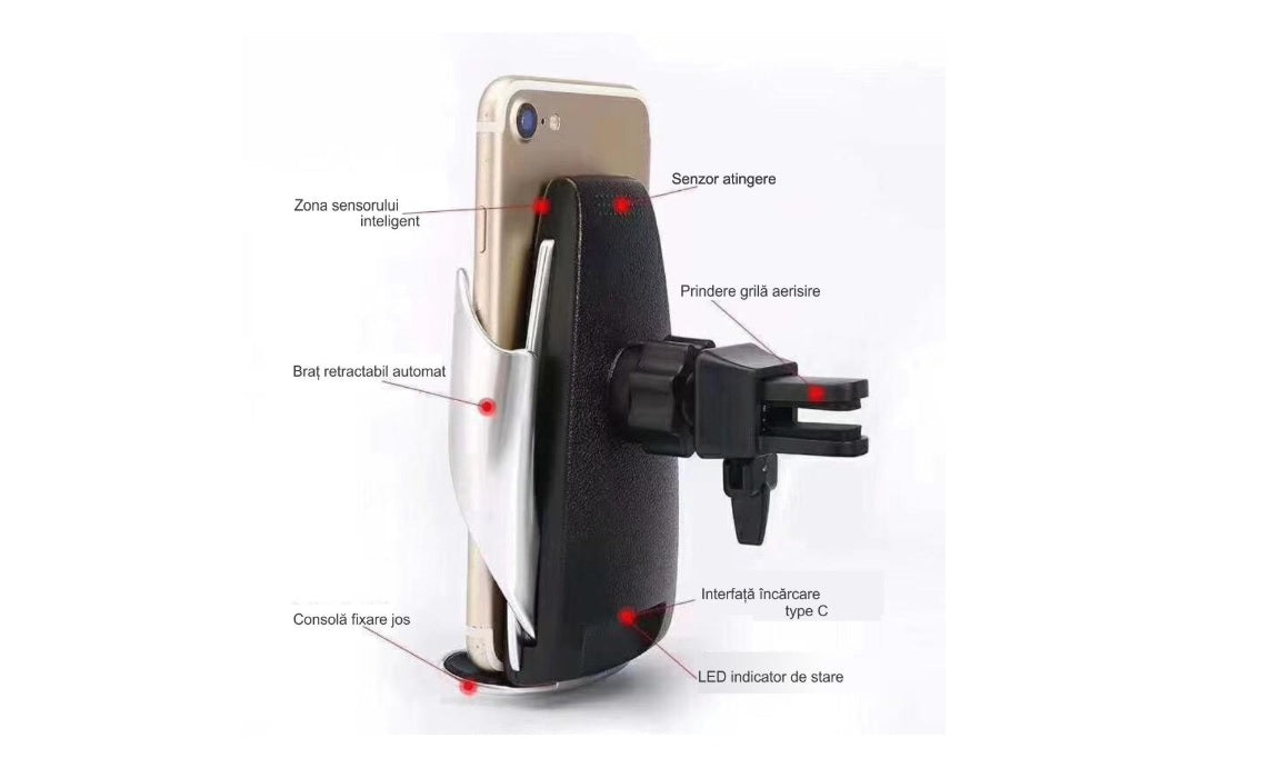 Incarcator auto wireless cu senzor si fast charger.