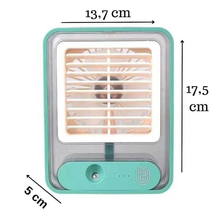 Mini aer conditionat cu ventilatie, 3 viteze de racire, baterie reincarcabila, cu recipient pentru adaugarea apei, functie de umidificare