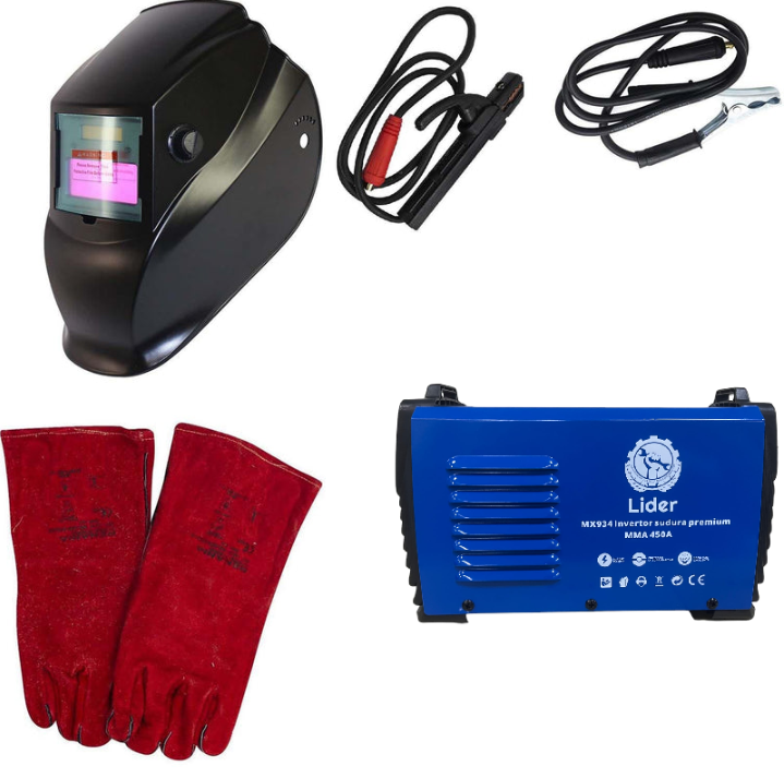 Set Aparat sudura LIDER PREMIUM MMA 450 A , afisaj electronic, cablu 12mm / 3m , valiza transport + Masca Automata + Manusi Piele