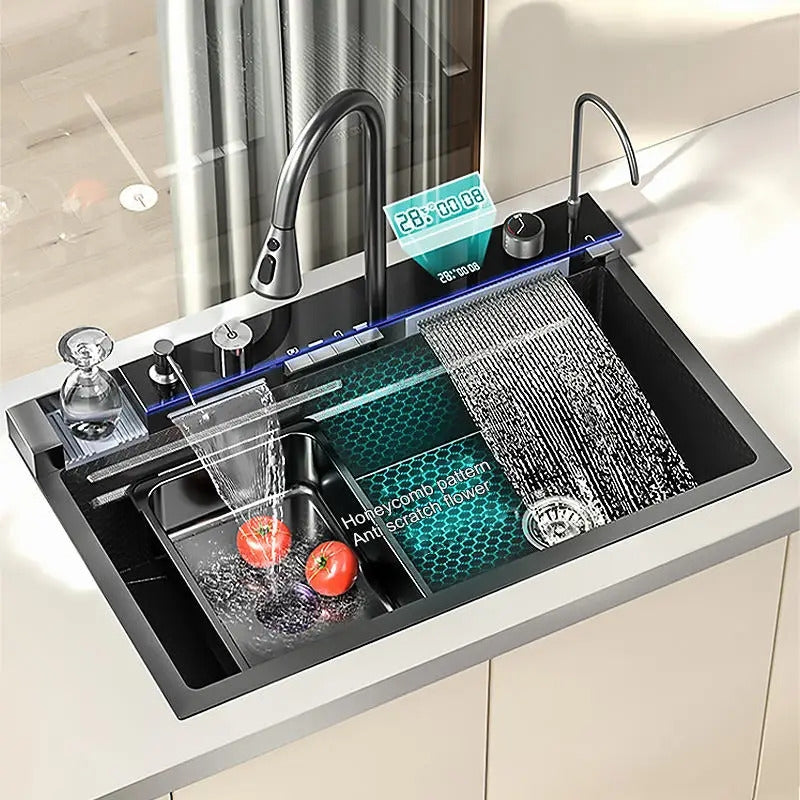 Chiuveta Bucatarie Premium Multifunctinala, Inteligenta, Display Digital, Cascada, Tocator, Spalator Pahare, Dozator Detergent, Alimentare hidroelectrica
