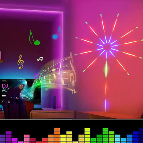 Lumini tip artificii, inteligente, LED, RGB, vibrante pe muzica, cu telecomandă și control din smartphone