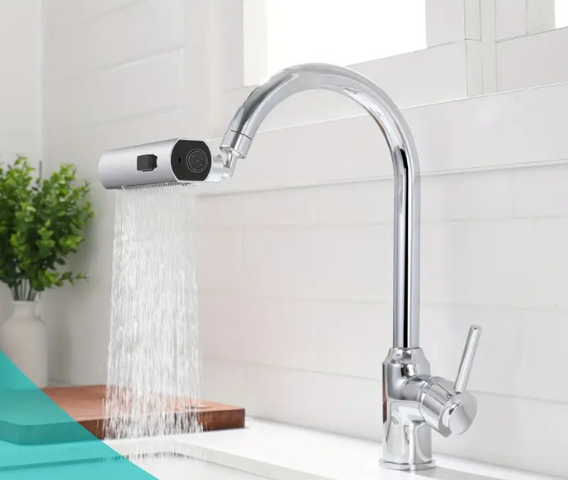 Conector pentru bateria de bucatarie cu cascada 4 in 1, prelungitor pentru chiuveta, pivotare la 360°, 4 moduri de evacuare a apei
