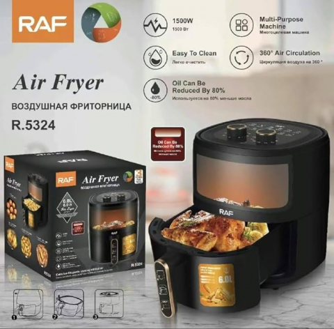 Friteuza cu aer inoxidabil fara ulei Ecran din sticla transparenta neagra, 1500 W, 6 litri RAF-5324