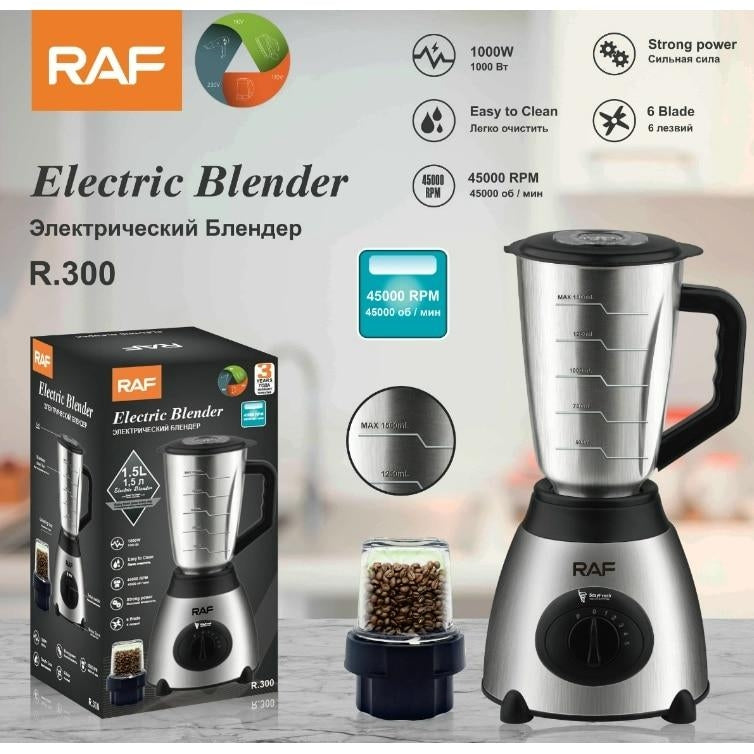 Blender Electric 2 in 1 RAF-300 / RAF-367 cu Vas din Otel Inoxidabil / Sticla si Rasnita pentru Masala, Capacitate 1.5L, 1000W