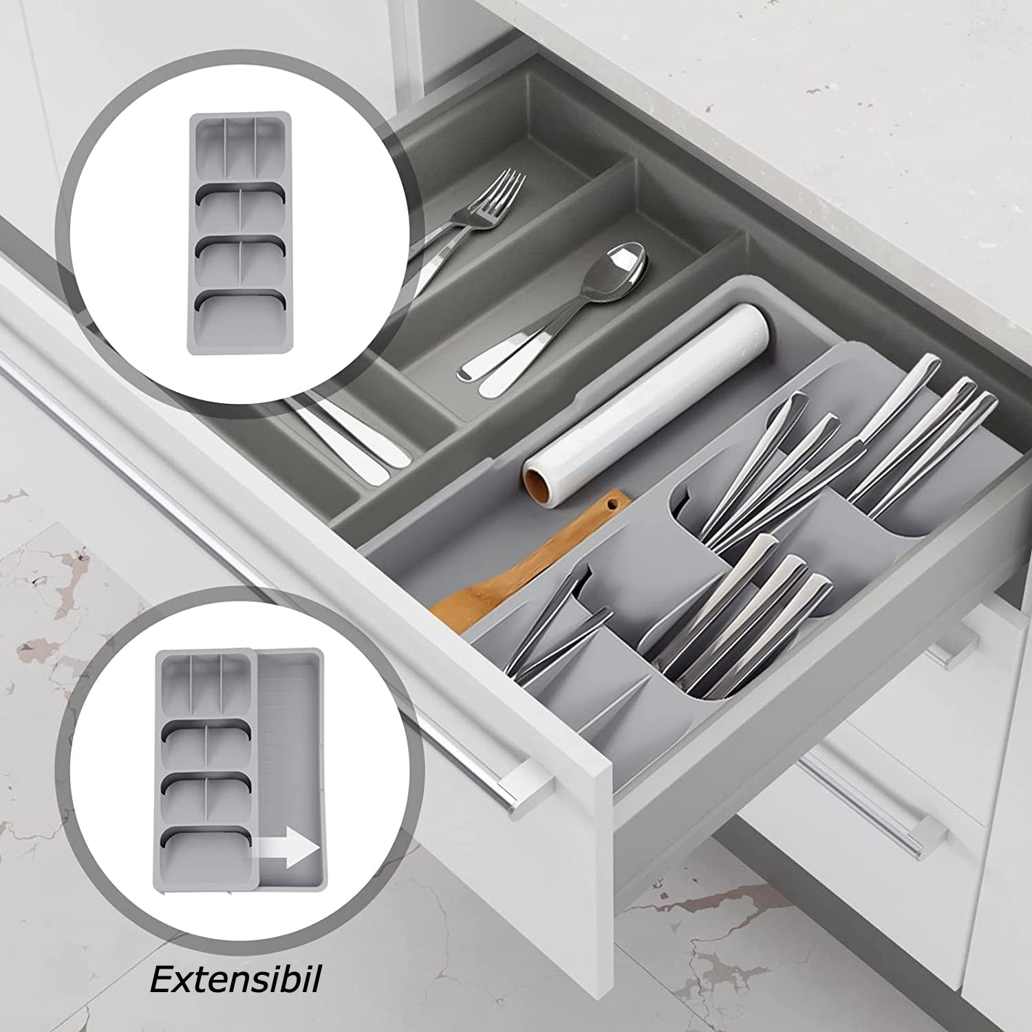 Tava de organizare tacamuri extensibila pentru sertarul de bucatarie
