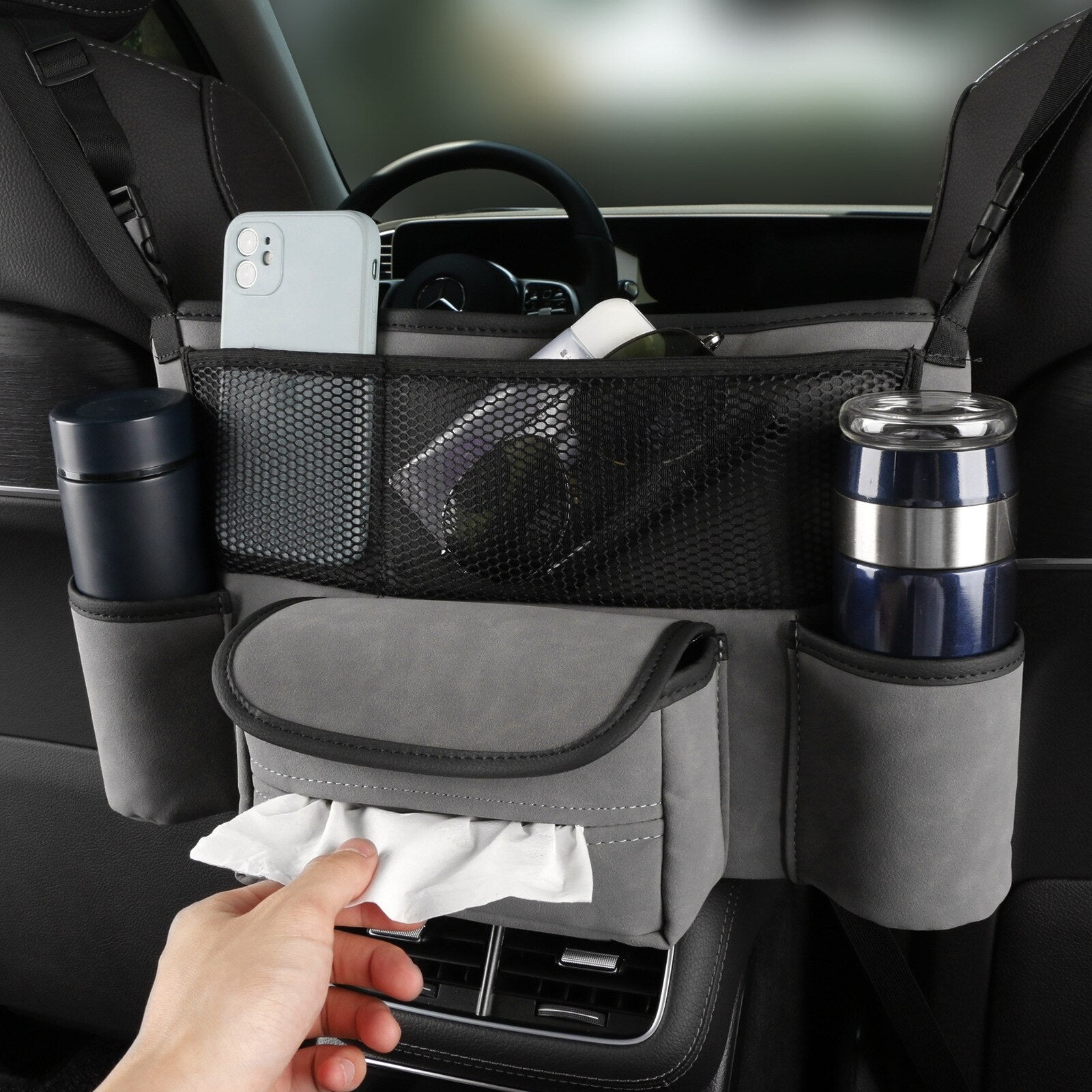 Organizator auto scaun, din piele, multifunctional, 6 compartimente depozitare, universal