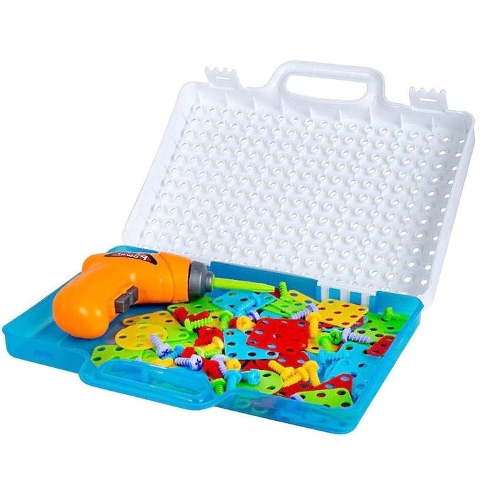 Joc educativ si creativ de constructie, puzzle mozaic, cu suruburi, surubelnita electrica