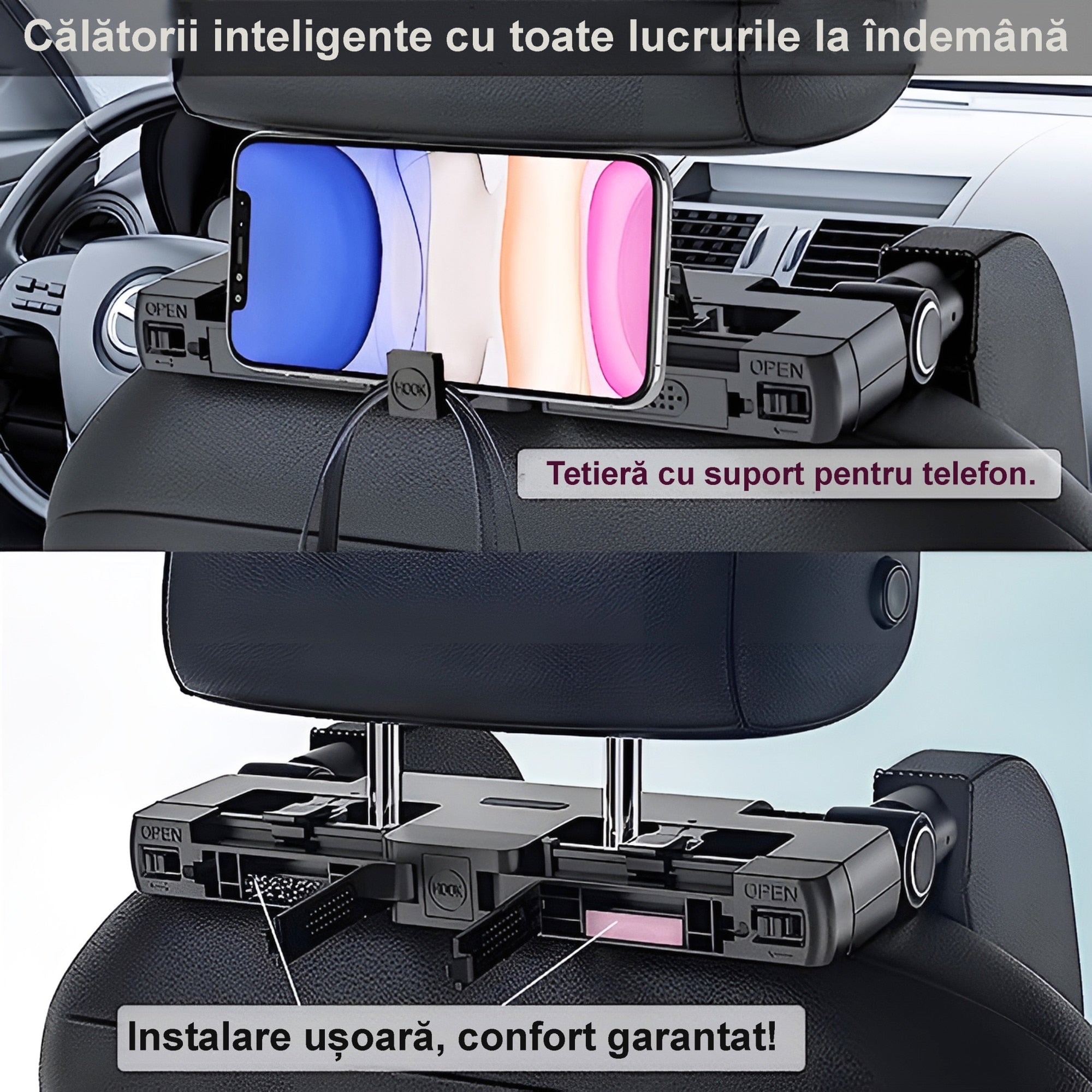 Tetiera auto, tip ergonomic pentru cap si gat cu suport de agatat, reglabila