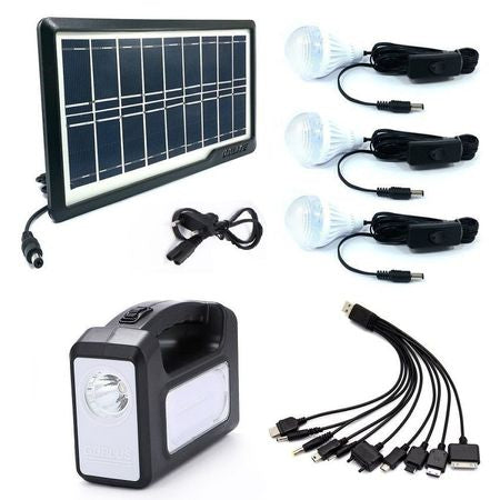 Kit incarcare solara, 3 becuri, incarcator priza si cablu cu 10 mufe