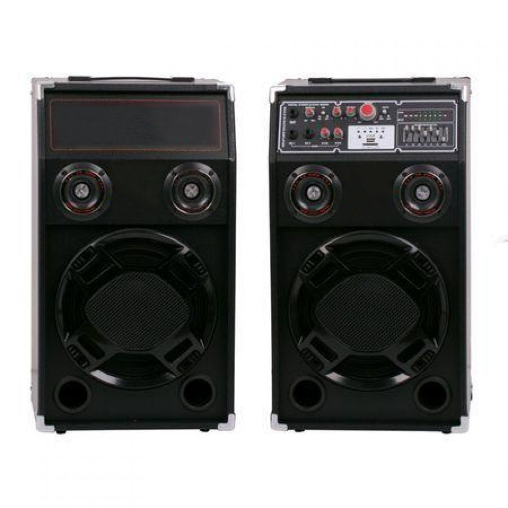 Set 2 boxe active , Bass puternic , Cu amplificator, Beculete cu lumini pe bass , Conectivitate Bluetooth , Port USB , AUX in , Card SD , 240W RMS , Impedanta 4-8 Ohmi , Negru