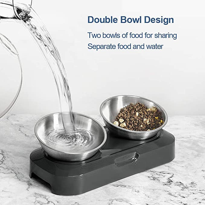 Set 2 boluri cu suport pentru animale, Inox/Polipropilena, Inclinare 15°, Gri