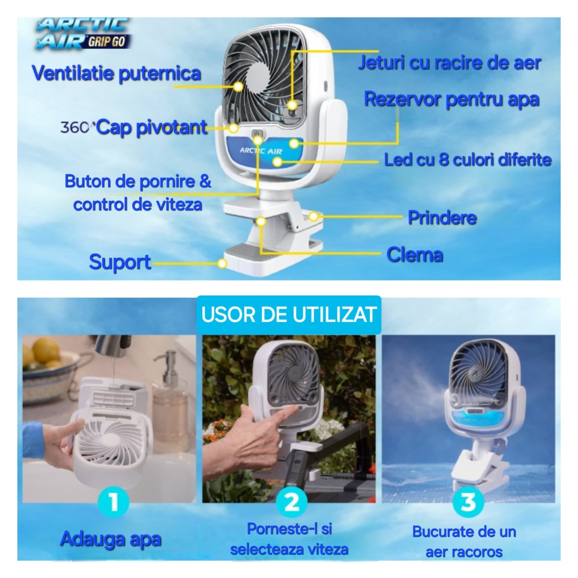 Ventilator portabil cu apa, calitate premium, AIR COOLER, port USB, rezervor de 200 ml, 3 viteze, Led schimbator in diferite culori, clema de pridere, rotire 360 grade, camping/picnic/drumetii/sala/birou/plaja, 26.5 x 16 x 7.5 cm