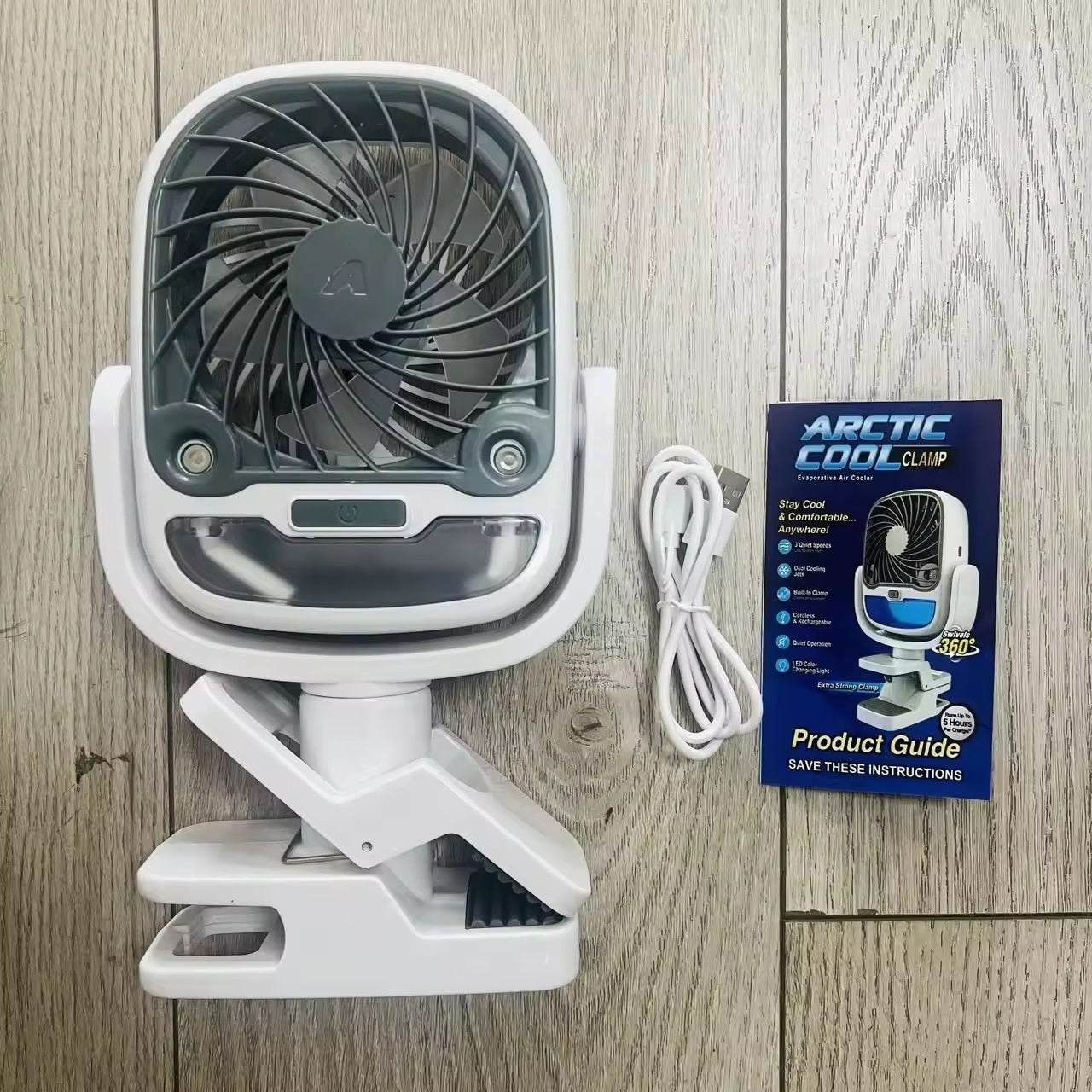 Ventilator portabil cu apa, calitate premium, AIR COOLER, port USB, rezervor de 200 ml, 3 viteze, Led schimbator in diferite culori, clema de pridere, rotire 360 grade, camping/picnic/drumetii/sala/birou/plaja, 26.5 x 16 x 7.5 cm