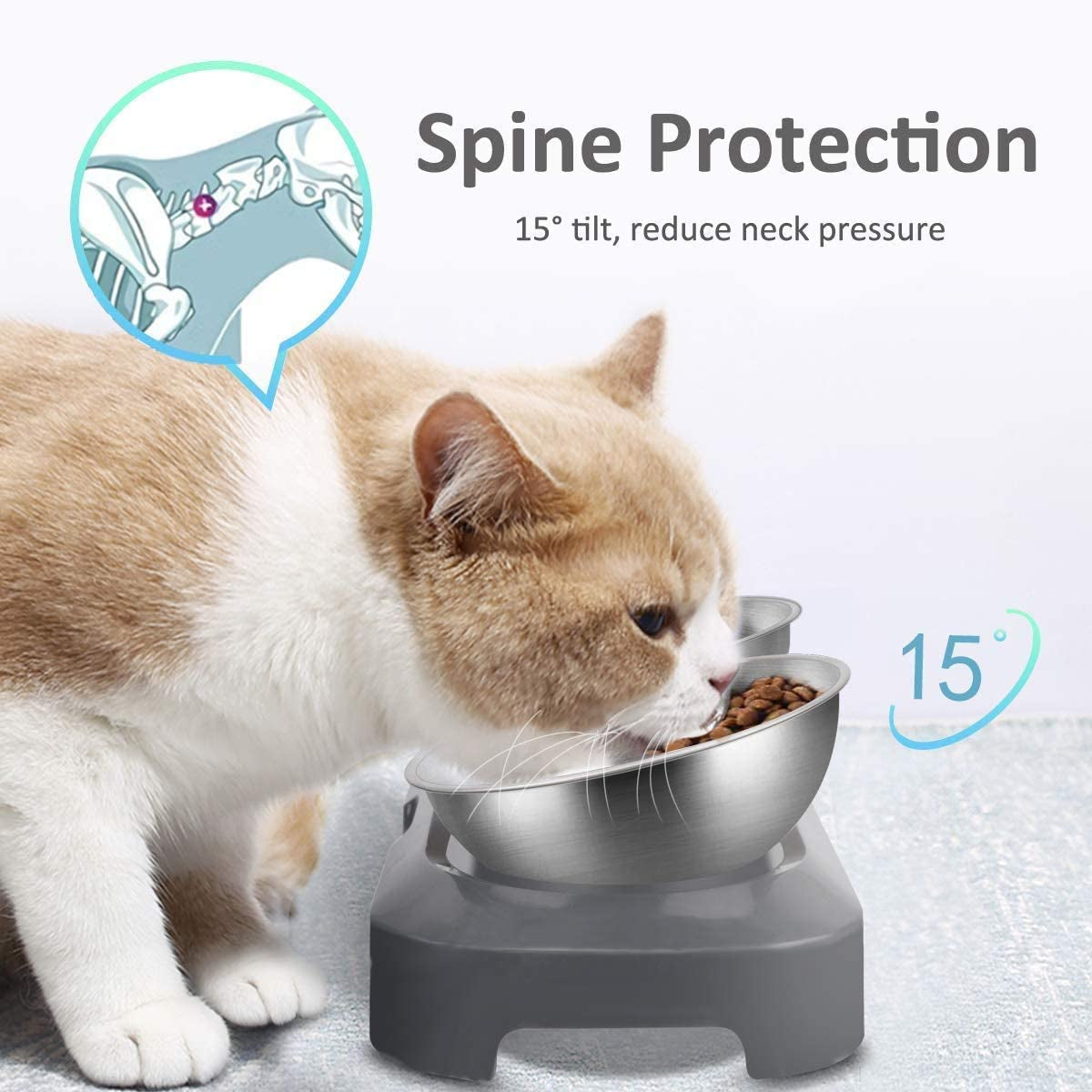 Set 2 boluri cu suport pentru animale, Inox/Polipropilena, Inclinare 15°, Gri