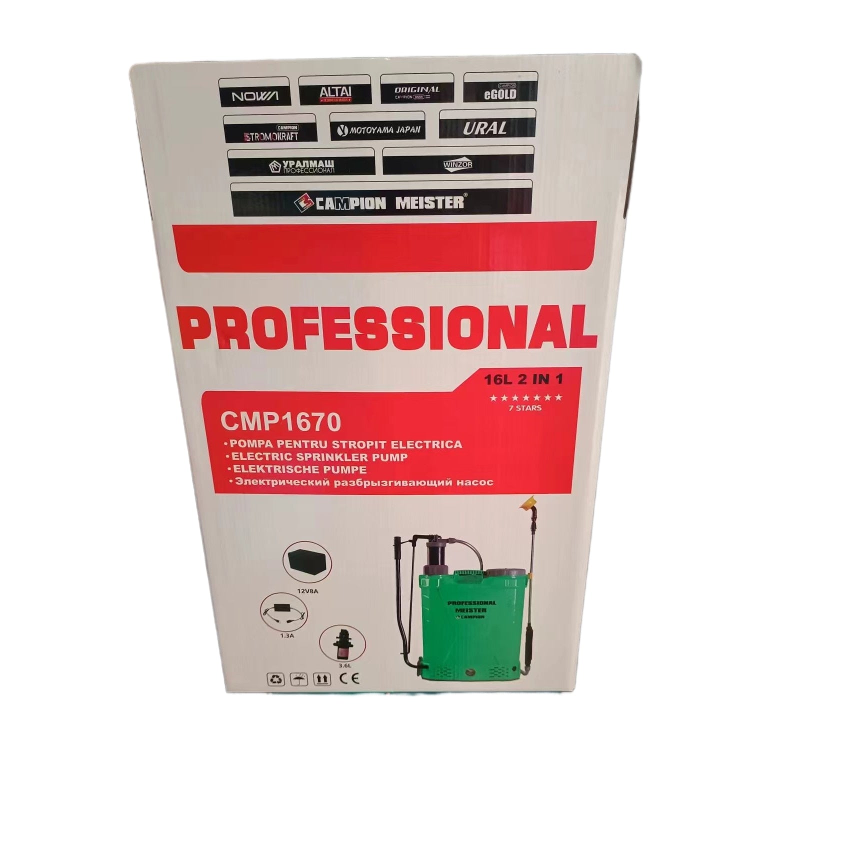 Pompa de stropit electrica CMP1670, 2 in 1, manuala si electrica, 16 L, acumulator, 6 BAR, regulator, accesorii incluse
