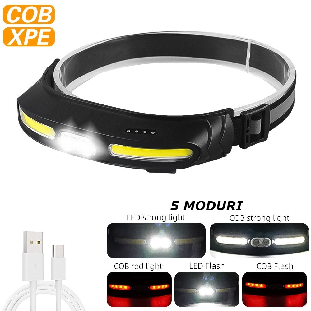 Lanterna de cap, reglabila, 5 moduri, lumina alba si rosie, incarcare USB