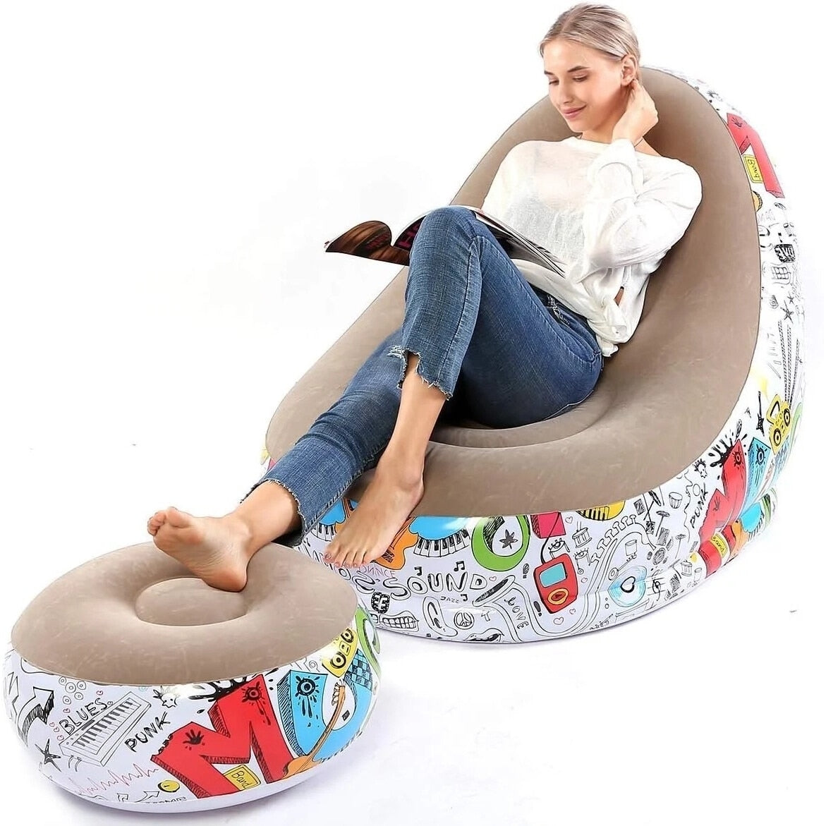 Set fotoliu gonflabil + taburet pentru picioare, Pompa, Multicolor