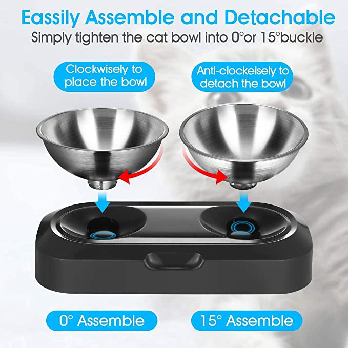 Set 2 boluri cu suport pentru animale, Inox/Polipropilena, Inclinare 15°, Gri