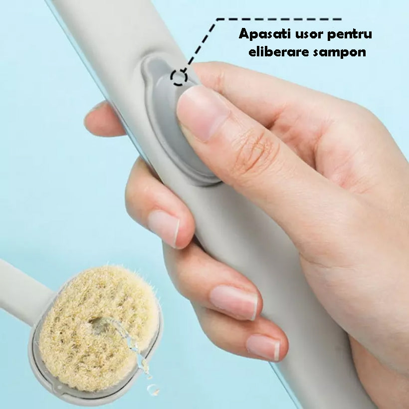 Perie de corp cu recipient pentru sapun, pulverizator sapun, cap detasabil, 36 cm