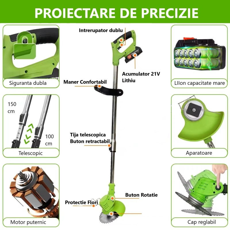 Motocoasa Cu Roți, Trimmer Iarbă Si Gard Viu, 2 Acumulatori Li Ion 21V/2.0Ah
